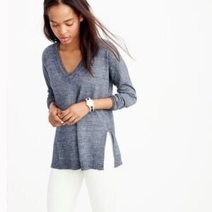 J. Crew V-Neck Side Slit Pullover Sweater Merino Wool Linen Blend XS Blue